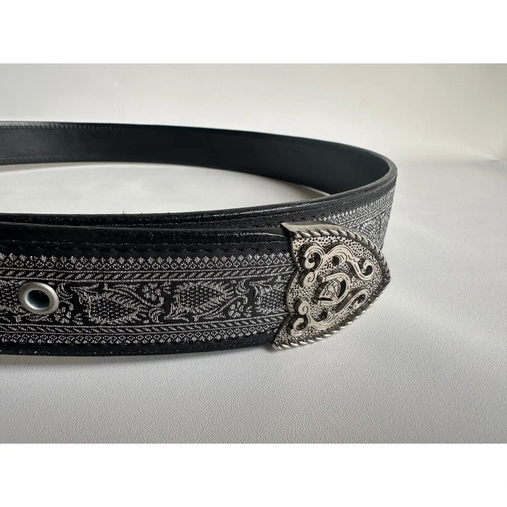 Men's Black Western Belt Silver Tone‎ Ornate Horseshoe Buckle Size 42 Mexico